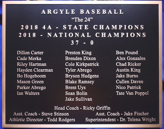 Argyle High School State and National Champion Recognition Plaque