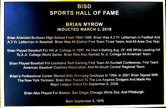 BISD Hall of Fame Myrow Recognition Plaque