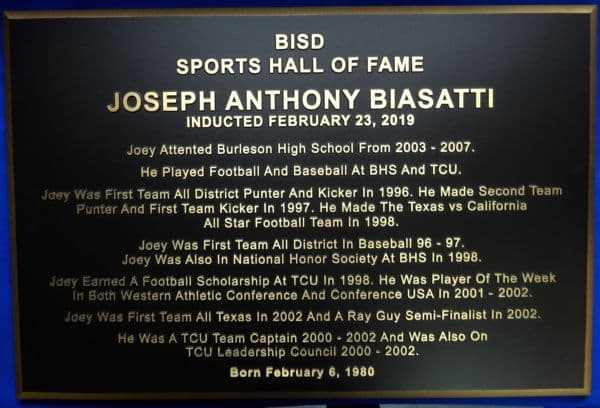 BISD Biasetti Hall of Fame Recognition Plaque