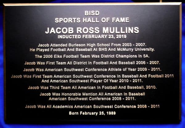 BISD Mullins Hall of Fame Recognition Plaque