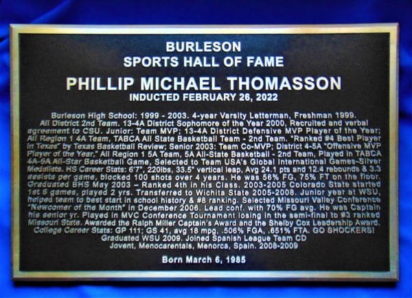 Burleson Sports Hall of Fame Inductee Bronze plaque