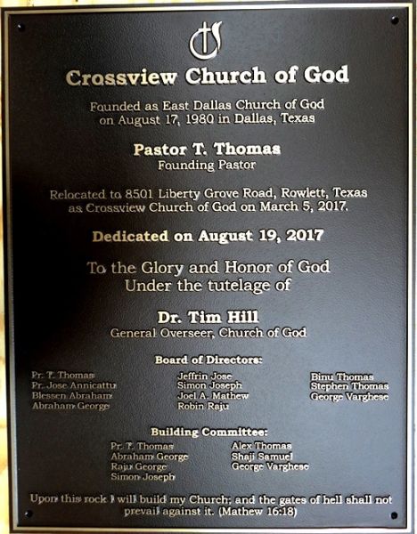 Crossview Church Dedication Plaque