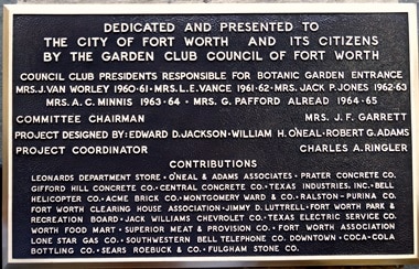 Fort Worth Garden Club Dedication Plaque
