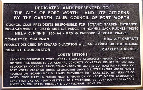 Fort Worth Botanic Garden Recognition and Dedication Plaque