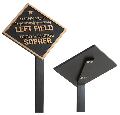 Stake mount with angled back bracket holding a plaque at a 45 degree angle