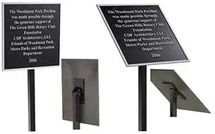 Stake mount for a plaque shown from the front and back, in vertical and 45 degree presentations