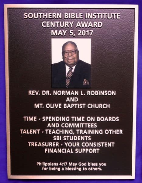 Southern Bible Institute Century Awards Rev. Robinson Recognition Plaque