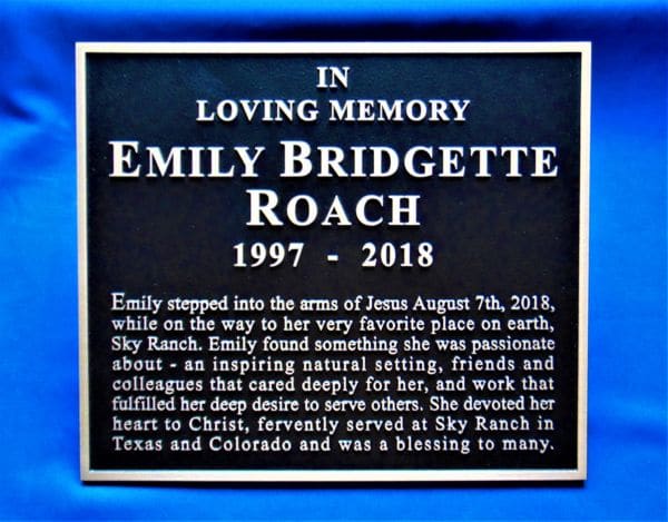 bronze memorial plaque Sky Ranch Emily Bridgette Roach - Marcoza Castings