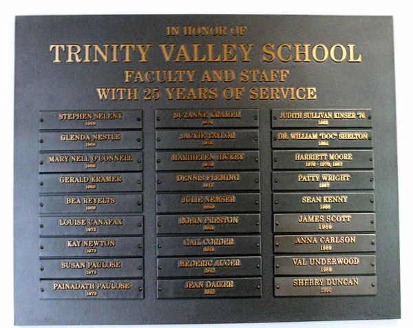 Trinity Valley School Bronze 25 Year Service Recognition Plaque