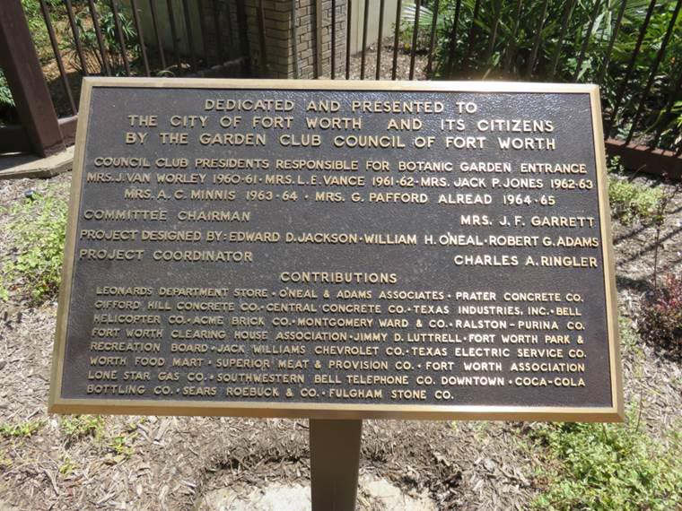 Fort Worth Botanic Garden Recognition Plaque